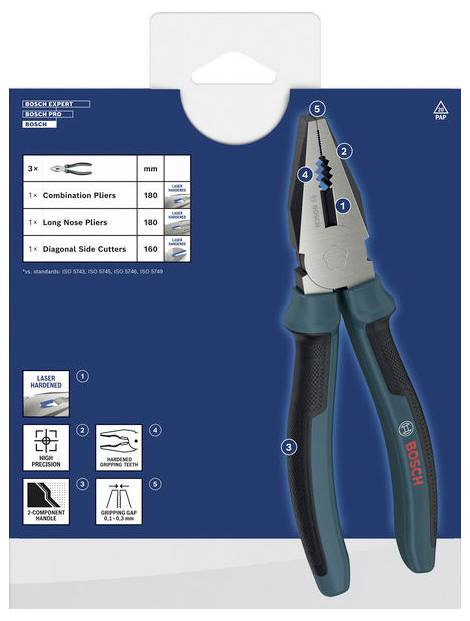 Bosch Expert Kombizange-Paket mit Darstellung des Werkzeugs, Größentabelle und Symbolen für lasergehärtete Kanten, hohe Präzision und ergonomischem 2-Komponenten-Griff.