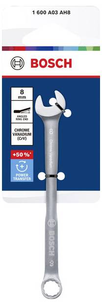 Bosch 8 mm Chrom-Vanadium-Kombinationszange mit abgewinkeltem offenen Ende, 12-Punkt-Ringkopf und Power-Transfer-Design, auf der Verpackung abgebildet.