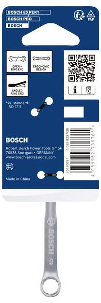 Bosch Expert Schraubenschlüssel-Set Verpackungsetikett mit QR-Code, Produktmerkmale, Bosch-Branding, Strichcode und ein durch die transparente Blisterverpackung sichtbarer Schraubenschlüssel