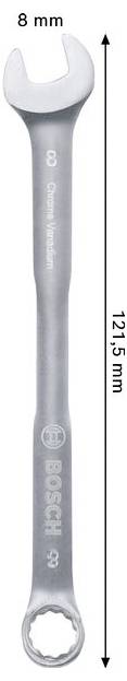 Bild eines Bosch-Schraubenschlüssels mit 8 mm Größe, mit einer Länge von 121,5 mm, vertikal auf weißem Hintergrund dargestellt.