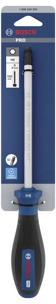 Bosch PRO H8 Schraubendreher auf blau-grauer Verpackung, vertikal dargestellt mit schwarzem Griff und blauer Endkappe.