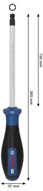 Bosch H8 Schraubendreher, 265 mm lang und 37 mm breit, mit Bemaßungspfeilen zur Größenreferenz dargestellt.