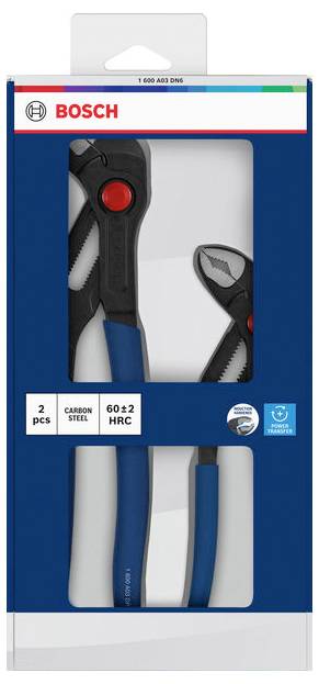 Bosch 2-teiliges Zangensatz in blauer und schwarzer Verpackung, zeigt einen verstellbaren Schraubenschlüssel und eine Zange, mit '60 ± 2 HRC' Härtekennzeichnung.