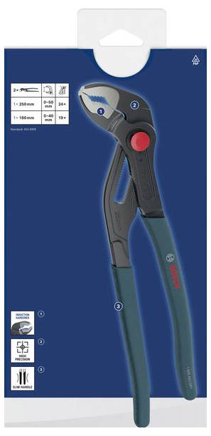 Bosch Paket mit blauem Griff-Kabelmesser, das das Werkzeug und Größen-/Spezifikationssymbole auf der linken Seite zeigt.
