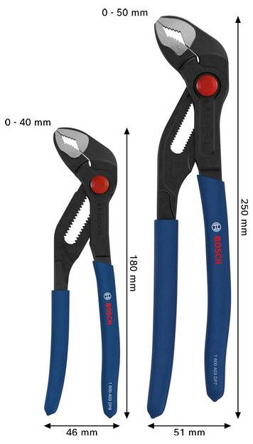 Bild von zwei verstellbaren Zangen mit Größenangaben: Das kleinere Werkzeug öffnet sich 0–40 mm und ist 180 mm lang; das größere öffnet sich 0–50 mm und ist 250 mm lang.