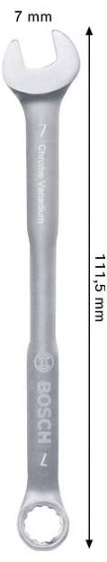 Ein silberner Bosch-Kombinationsschlüssel mit der Beschriftung 7 mm, vertikal dargestellt mit einem Längenmaßstab von 111,5 mm.