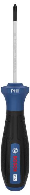 Bosch PH0 Phillips-Schraubendreher mit blauem und schwarzem Griff, aufrecht auf weißem Hintergrund dargestellt.