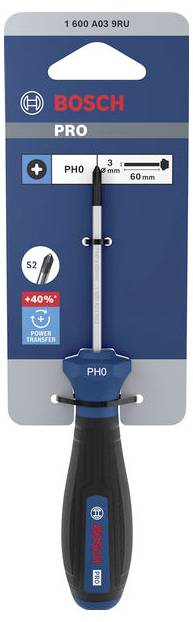 Bosch PRO PH0 Schraubendreher auf blau-grauer Verpackung, gekennzeichnet mit PH0, 3 mm, 60 mm, S2 und „Power Transfer System"-Symbolen.