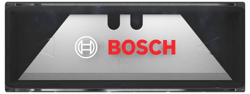 Bosch-markiertes rechteckiges Metallpaneel oder Gerätefront mit silbernem Mittelteil und schwarzen Kanten.