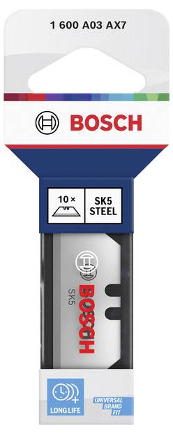 Bosch Säbelsägeblatt-Verpackung mit den Bezeichnungen '1 600 A03 AX7', '10 x', 'SK5-Stahl', 'Long Life' und 'Universal Brand Fit'.
