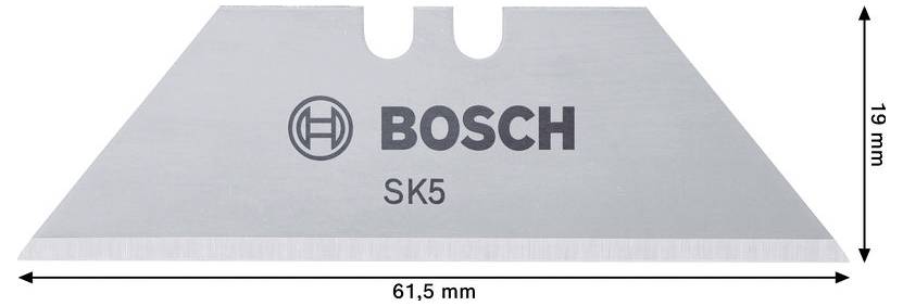 Bosch SK5 Universalmesserklinge, Vorderansicht mit gekennzeichneter Breite von 61,5 mm und Höhe von 19 mm.