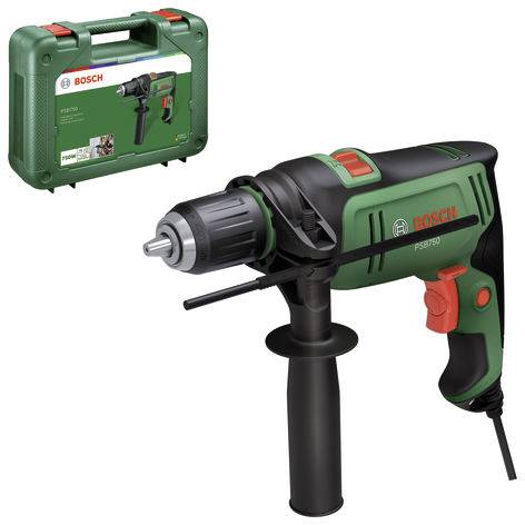 Bosch Elektrobohrmaschine mit Seitengriff und Transportkoffer auf weißem Hintergrund.