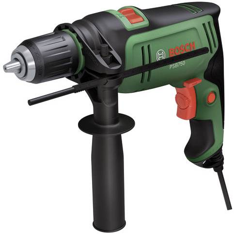 Bosch PSB 750 Elektrobohrhammer mit Seitenzugriff und Tiefenbegrenzer auf weißem Hintergrund