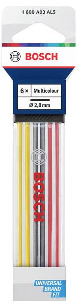 Bosch Multifarbige universal Bandsägeblätter, 6er-Satz, 2,8 mm, mit farbigen Streifen auf der Verpackung.