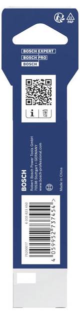 Bosch Expert Pro Stichsägeblatt-Paket mit QR-Code, Produktetiketten, Barcode und blau-weißer Branding.