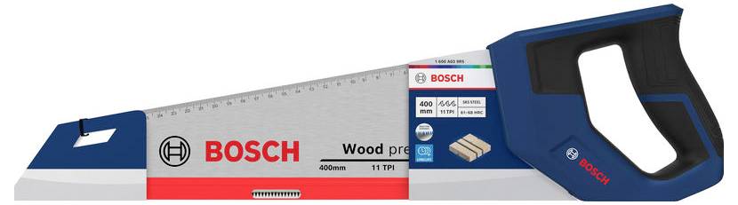 Bosch Handsäge mit blauem Griff und 400mm Metallblatt, gezeigt in Produktverpackung.
