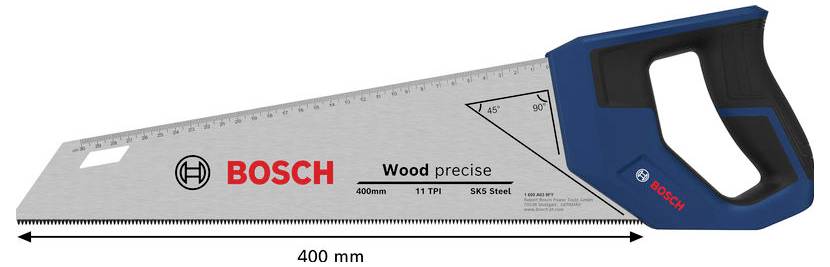 Bosch Holzsäge mit präzisem Handgriff in Seitenansicht, mit der Bezeichnung 400 mm mit feiner Zahnklinge und blauem Griff.