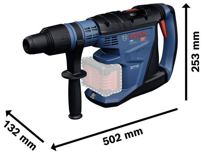 Bosch Akku-Bohrhammer mit den Abmessungen 502 mm Länge, 253 mm Höhe und 132 mm Breite.