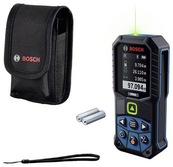 Bosch-Laser-Entfernungsmesser mit Tragetasche, Batterien und Handgelenkschlaufe, gezeigt als Produktset auf weißem Hintergrund.
