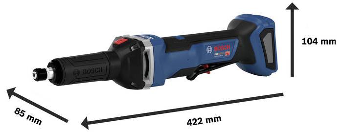 Bosch-Akku-Werkzeug in Seitenansicht mit beschrifteten Abmessungen: 422 mm lang, 104 mm hoch und 85 mm breit.
