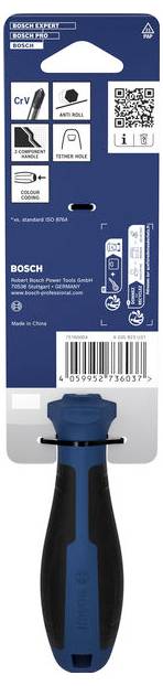 # Rückseite einer Bosch CrV Handwerkzeugverpackung mit blau-schwarzem Griff, Produktsymbolen, QR-Code und Barcode auf einer weiß-blauen Kartonrückseite.