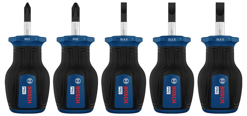 Fünf Bosch-Schraubendreher nebeneinander angeordnet, mit den Bezeichnungen PH1, PH2, SL4.5, SL5.5 und SL6.5.