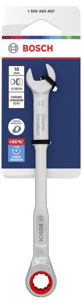 Bosch 10 mm Chrom-Vanadium Ringschlüssel in Einzelhandelverpackung mit einer Leistungsübertragungsbehauptung von +50% und Größenetikett.