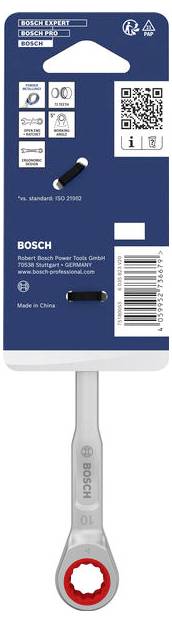 BOSCH-Verpackung für Bohrspitzen mit einem Bosch Expert/PRO-Koffer mit QR-Code, Produktsymbolen und einer einzelnen Metallspitze, die in einer Blisterpackung sichtbar ist.