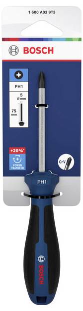 Bosch PH1 Kreuzschlitzschraubendreher in blauer und schwarzer Verpackung, beschriftet mit 5 x 75 mm und einem +20% Kraftübertragungssymbol.