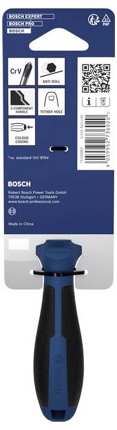 Bosch Expert Pro Gipskartonlochsägen-Set mit blau-schwarzem Handwerkzeug, hängend auf einer Einzelhandelskarte mit QR-Code und Produktdetails.