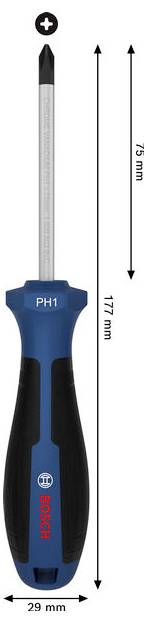 Bosch PH1 Schraubendreher mit blau-schwarzem Griff; gekennzeichnete Abmessungen zeigen 177 mm Gesamtlänge, 75 mm Klingenlänge und 29 mm Griffbreite.