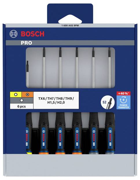 Bosch Pro 6-teiliges Schraubendrehersatz in blauer Verpackung, gekennzeichnet mit TX6/T7/T8/T9/H1,5/H2,0, mit S2-Stahl und Power Transfer Eigenschaften.