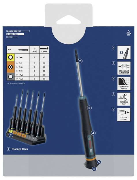 Bosch Expert Schraubendreher-Produktpaket, zeigt ein 6-teiliges Set in einem Aufbewahrungsständer mit Größen-/Spezifikationstabelle und gekennzeichneten Funktionen.