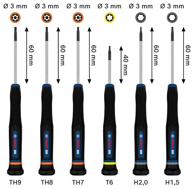 Vergleichstabelle von sechs Bosch-Schraubendreheraufsätzen und Griffen mit den Bezeichnungen TH9, TH8, TH7, T6, H2.0 und H1.5, die Schaftgrößen von 3 mm und Längen von 60 mm oder 40 mm zeigen.