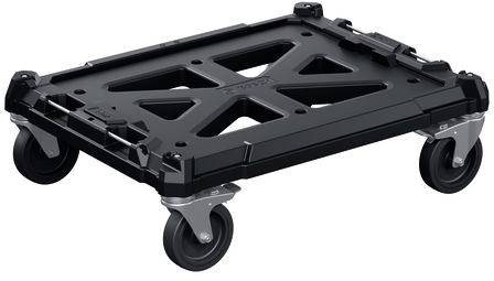 Schwarze Kunststoff-Rollplattform-Dolly mit vier Lenkrollen, in Seitenansicht auf weißem Hintergrund dargestellt.