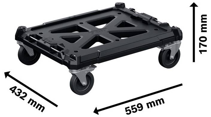 Schwarze Plattformkarre mit Rädern und vier Lenkrollen, dargestellt mit den Abmessungen 559 mm Länge und 432 mm Breite, 170 mm Höhe.