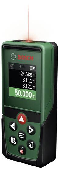 Bosch tragbares Laser-Entfernungsmessgerät mit einer Messung von 50.000 m auf seinem Display.