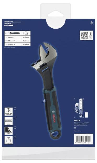 Verpackung für einen schnellverstellbaren Bosch-Schraubenschlüssel, der das Werkzeug von vorne und die Spezifikationen auf einer blauen Karte mit QR-Code und Barcode zeigt.