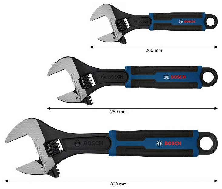 Drei verstellbare Bosch-Schraubenschlüssel in den Größen 200 mm, 250 mm und 300 mm.