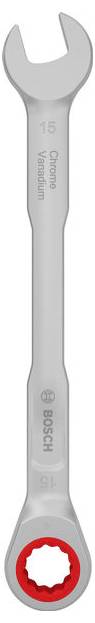 Ein Bosch 15-mm-Chrom-Vanadium-Kombischlüssel mit offener und roter 12er-Ringöffnung.