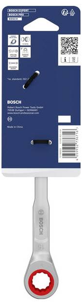 Bosch-Produktverpackung mit einer Steckeinzatz- oder Ratschenschlüssel, QR-Code, Produktetiketten und Barcode auf einer blau-weißen Karte.