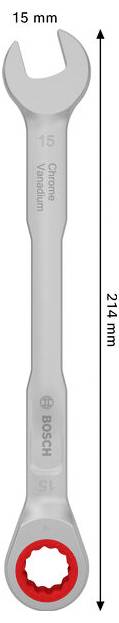Einmaul-Gabelschlüssel, gekennzeichnet mit 15 mm, 214 mm lang, mit Bosch-Branding und einem roten kreisförmigen Enddetail.