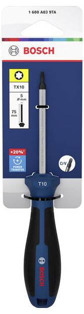 Bosch TX10 Schraubendreher in blau-schwarzer Verpackung, mit der Bezeichnung T10, TX10, 75 mm, CrV, mit Plus-förmigem Spitzensymbol und Bosch-Branding.