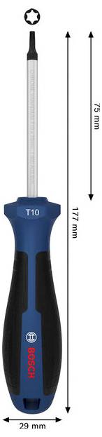 Bosch T10-Schraubendreher mit schwarz-blauem Griff; gekennzeichnete Abmessungen zeigen 177 mm Gesamtlänge, 75 mm Schaftlänge und 29 mm Griffbreite.