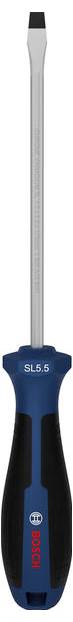 Bosch SL5.5 Schlitzschraubendreher mit blauem und schwarzem Griff und schlankem silberfarbenem Schaft, aufrecht auf weißem Hintergrund dargestellt.