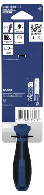 Bosch-Schraubendrehergriff-Paket mit einem blau-schwarzen Handwerkzeug in Vorderansicht, plus Symbole, QR-Code und Barcode auf der Verpackung.