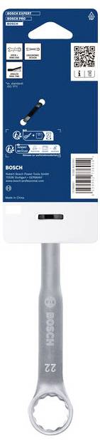 Bosch Handwerkzeug-Produktverpackung mit einem grauen 22-mm-Schraubenschlüssel mit blauem Griff auf einer Hängekarte.