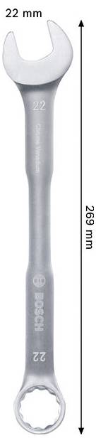 Grauer Bosch Kombinationsschlüssel 22 mm, mit Beschriftung 269 mm lang, vertikal auf weißem Hintergrund dargestellt.