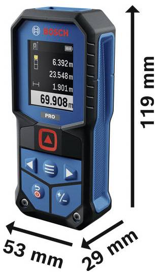 Bosch PRO Laser-Entfernungsmesser mit Display, Größenabmessungen zeigend, 119 mm Höhe, 53 mm Breite und 29 mm Tiefe.