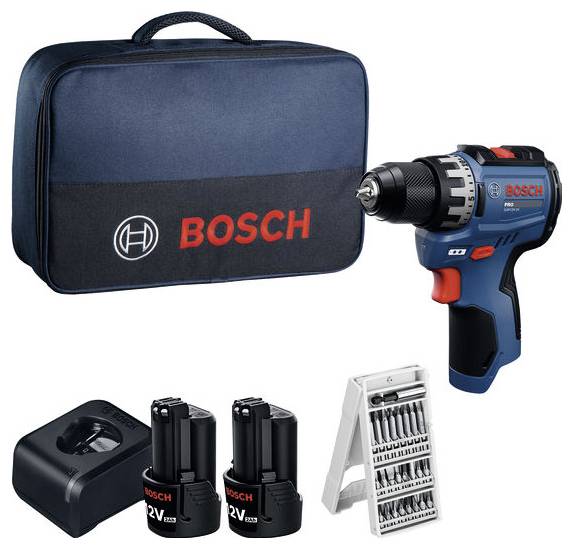Bosch Akku-Bohrmaschinen-Set mit Transportkoffer, Ladegerät, zwei Akkus und Bohrer-Set auf weißem Hintergrund.